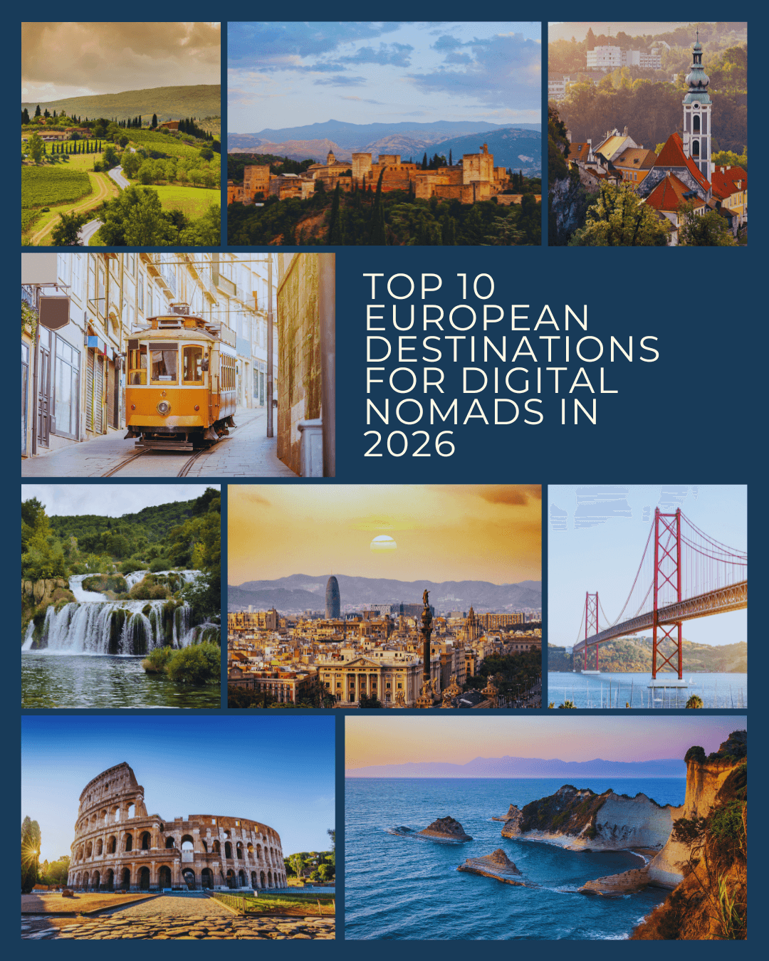Collage of Lisbon tram, waterfalls, Barcelona skyline and Lisbon bridge for top 10 European destinations for digital nomads in 2026